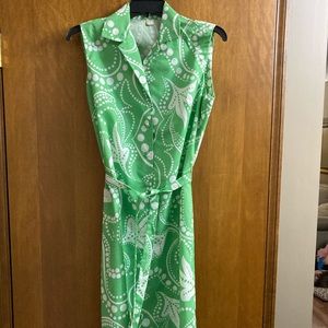 Vintage Sleeveless Dress Green and White Swirl Button Up Belt Summer NWT